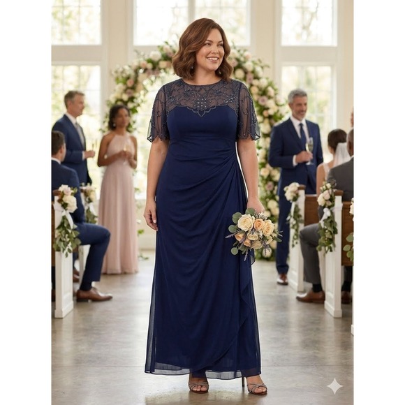 Dresses & Skirts - Xscape Plus Size 16W Long Formal Dress Beaded Sequin Illusion Neck Gown Evening